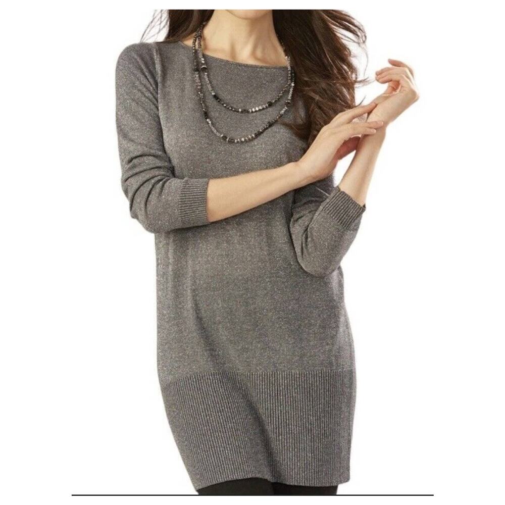 Charlie Paige Silver Metallic Yarn Long Sleeve Gray Tunic Knit Top size Medium